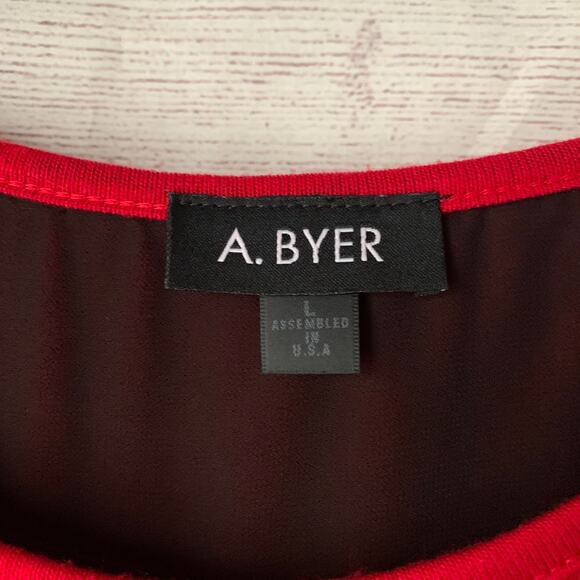 A. Byer Red and Black Blouse Split Back High Low Hem Lace Sleeve Size L - Picture 10 of 16